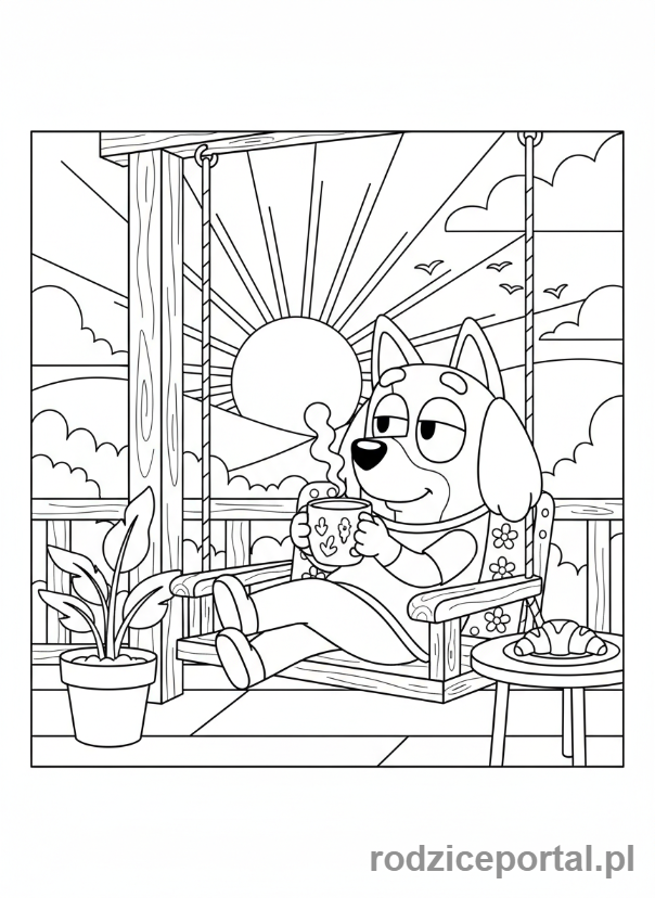 Kolorowanka Bluey - Chilli pijąca kawę na werandzie