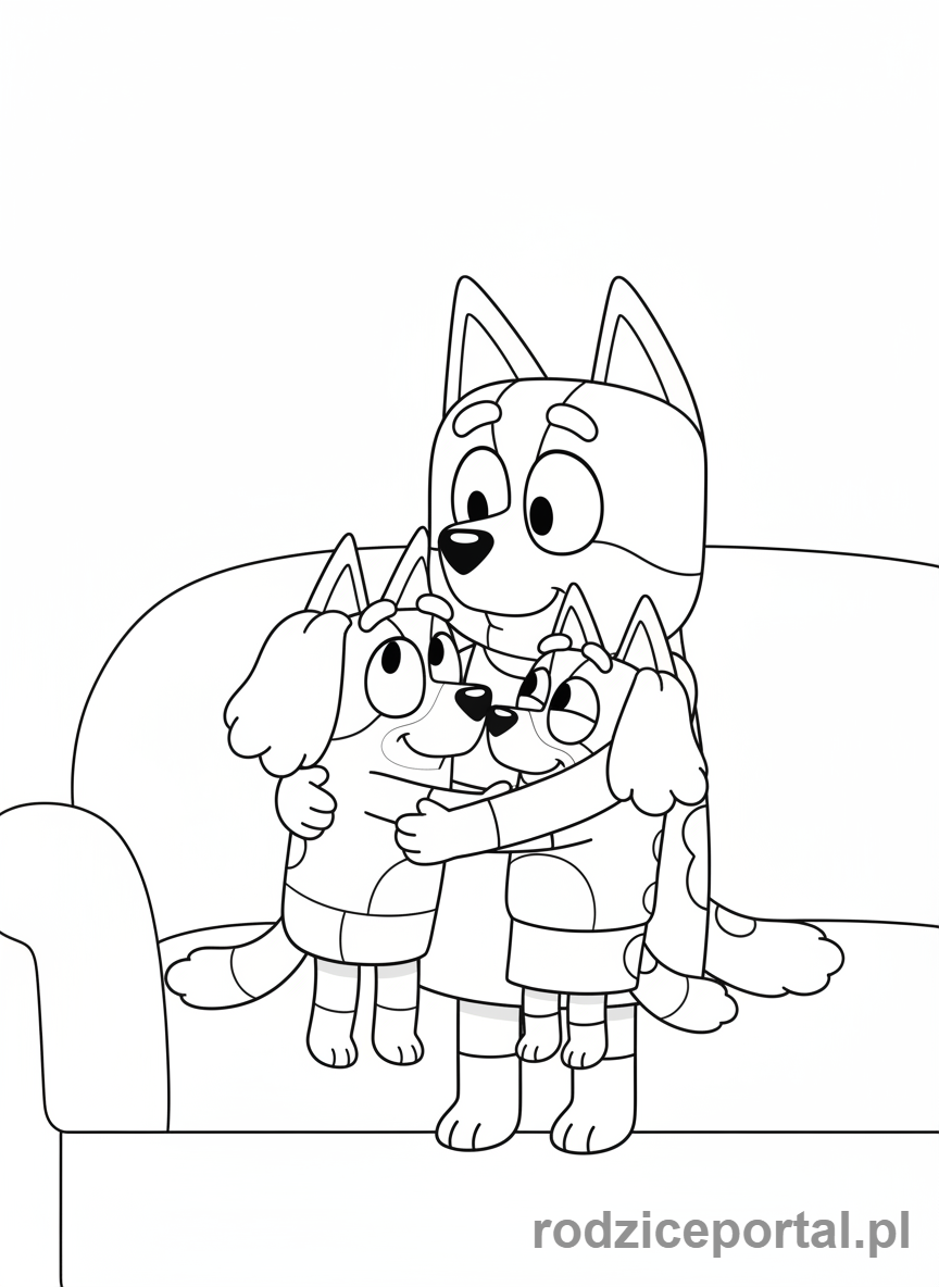Kolorowanka Bluey - Chilli przytulająca Bluey i Bingo