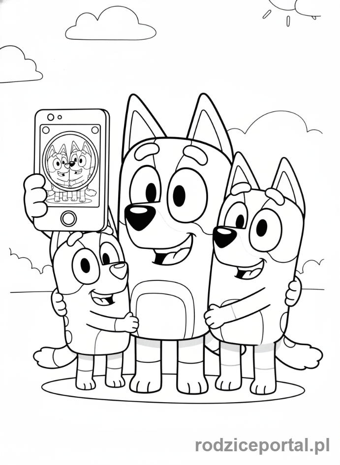 Kolorowanka Bluey - Chilli robiąca selfie z dziećmi