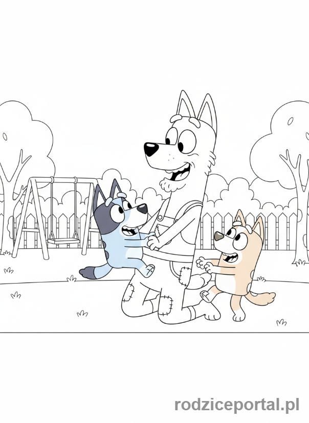 Kolorowanka Bluey - Grandad grający z wnuczkami