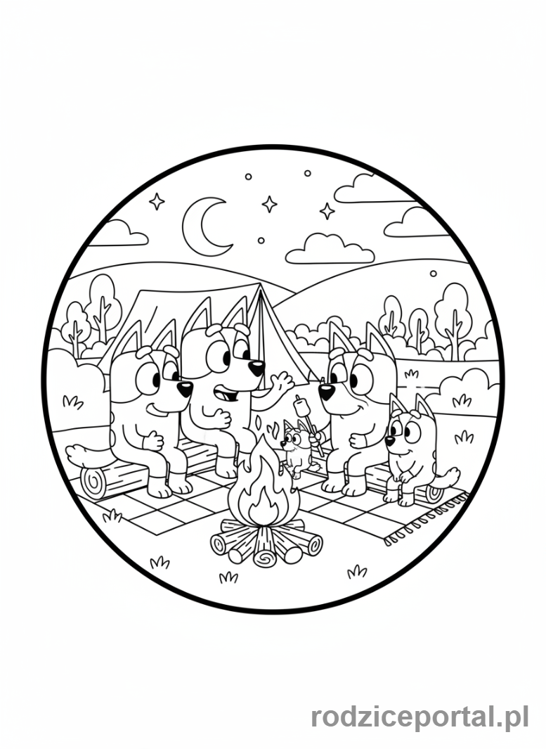 Kolorowanka Bluey - Heelerowie na biwaku