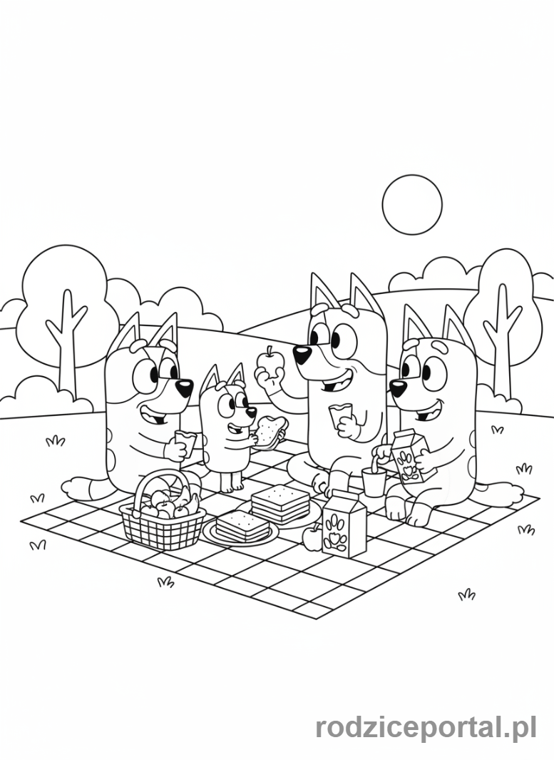 Kolorowanka Bluey - Rodzina Heelerów na pikniku.
