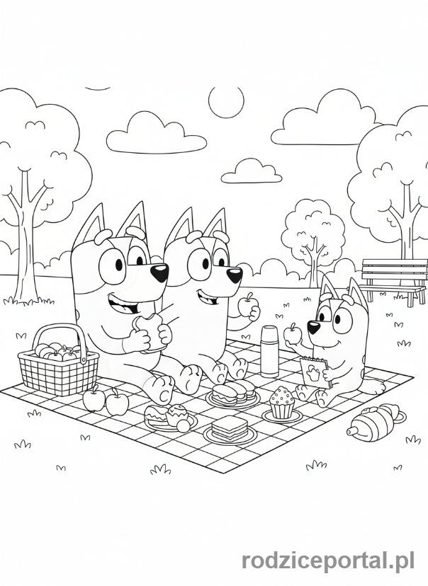 Kolorowanka Bluey - Rodzina Heelerów na pikniku