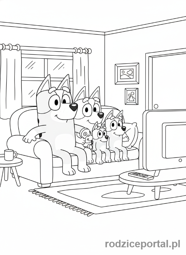 Kolorowanka Bluey - Rodzina Heelerów oglądająca telewizję