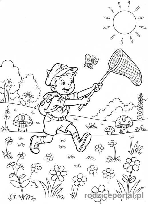 Kolorowanka Bolek I Lolek - Bolek łapiący motyla siatką