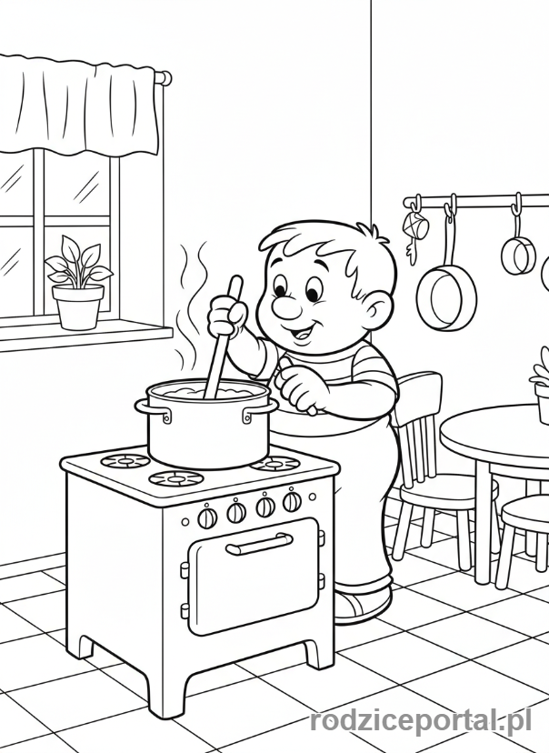 Kolorowanka Bolek I Lolek - Bolek gotujący w kuchni.