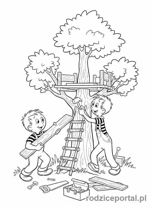 Kolorowanka Bolek I Lolek - Bolek i Lolek budujący domek na drzewie.