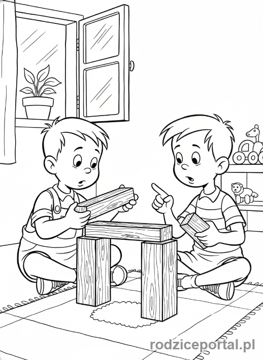 Kolorowanka Bolek I Lolek - Bolek i Lolek budujący most z klocków.