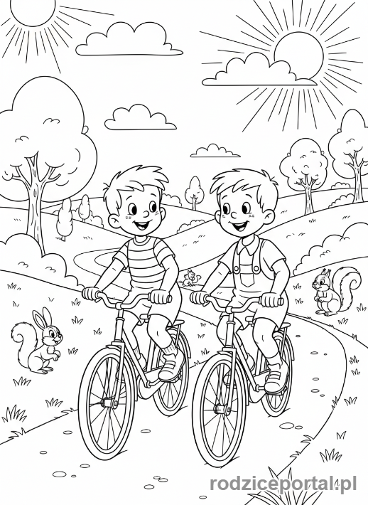 Kolorowanka Bolek I Lolek - Bolek i Lolek jadący na rowerach.