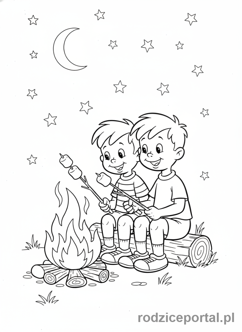 Kolorowanka Bolek I Lolek - Bolek i Lolek na biwaku przy ognisku