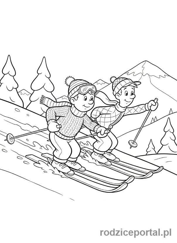 Kolorowanka Bolek I Lolek - Bolek i Lolek na nartach zjazdowych