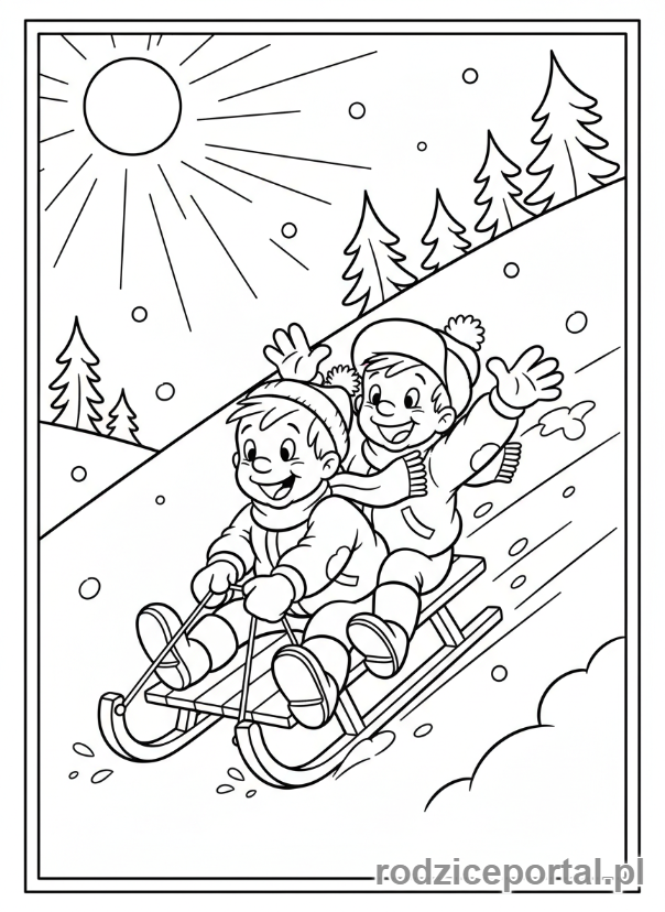 Kolorowanka Bolek I Lolek - Bolek i Lolek na sankach zjeżdżający z górki.