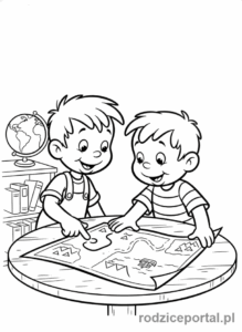 Kolorowanka Bolek I Lolek - Bolek i Lolek oglądający mapę.