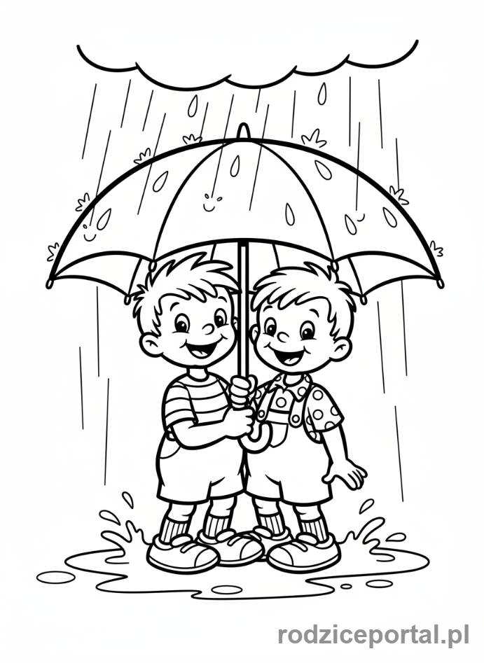 Kolorowanka Bolek I Lolek - Bolek i Lolek pod parasolem w deszczu.