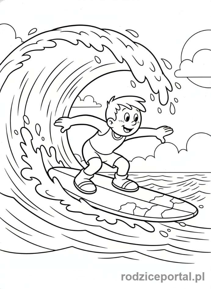 Kolorowanka Bolek I Lolek - Bolek jadący na desce surfingowej na fali