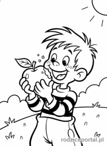 Kolorowanka Bolek I Lolek - Bolek jedzący jabłko.