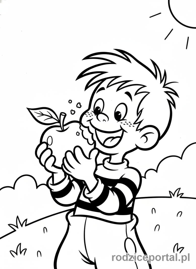 Kolorowanka Bolek I Lolek - Bolek jedzący jabłko.