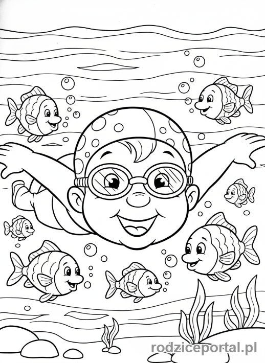 Kolorowanka Bolek I Lolek - Bolek pływający w jeziorze z rybami