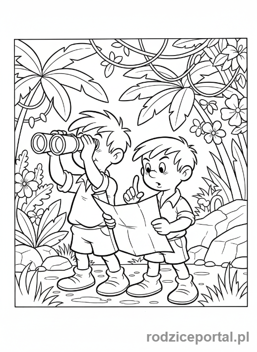 Kolorowanka Bolek I Lolek - Bolek z lornetką, Lolek z mapą w dżungli