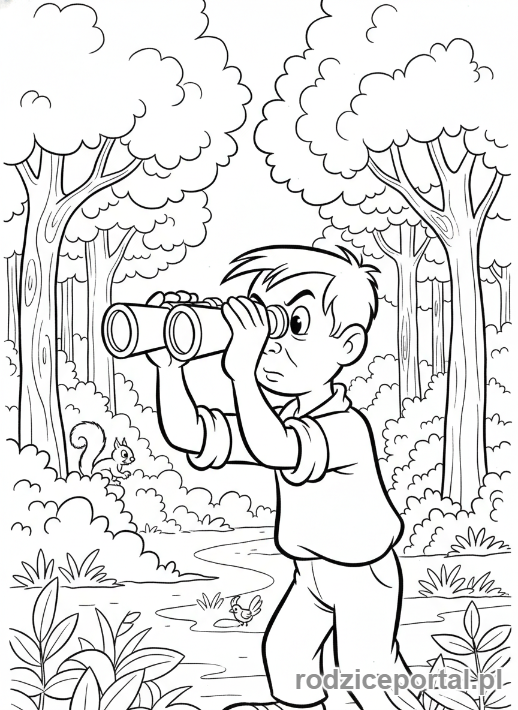 Kolorowanka Bolek I Lolek - Bolek z lornetką, obserwujący ptaki.