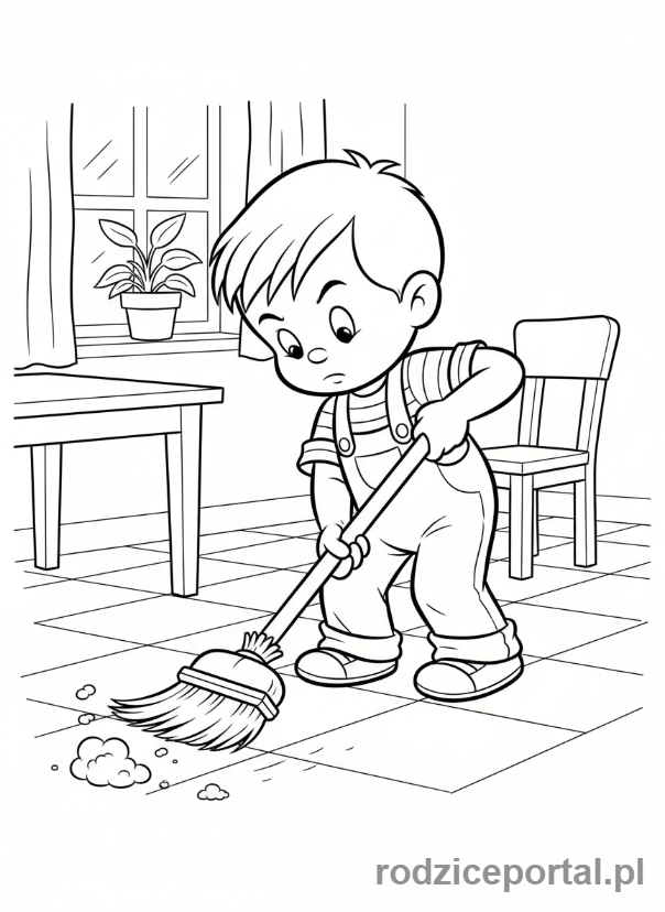 Kolorowanka Bolek I Lolek - Bolek z miotłą, pomagający sprzątać.