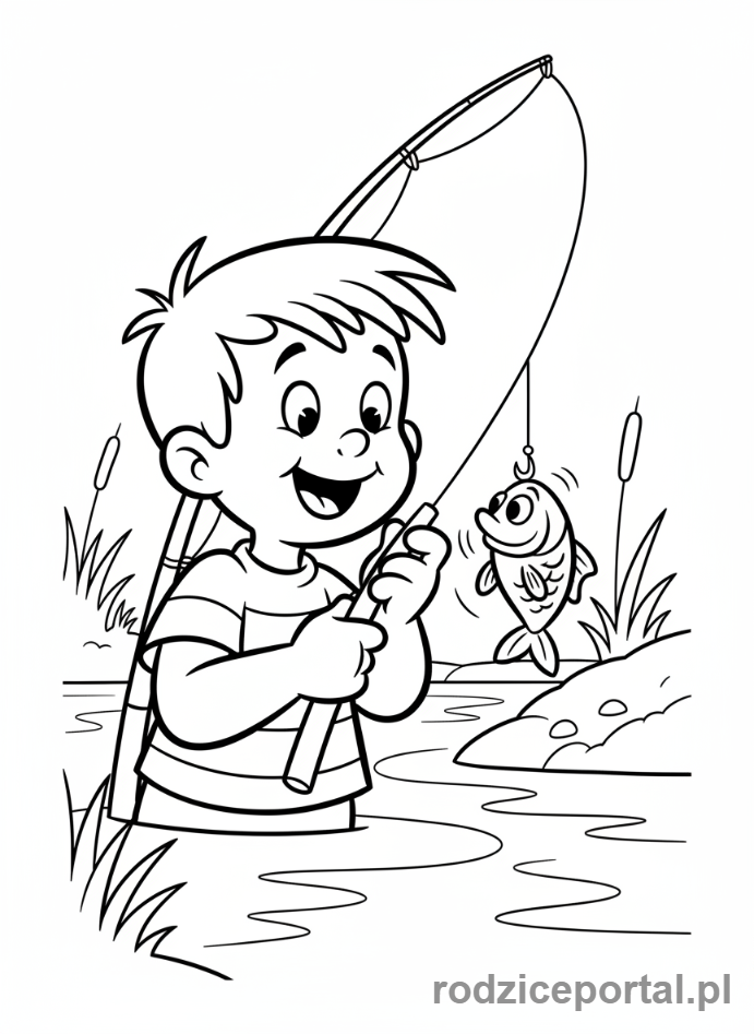 Kolorowanka Bolek I Lolek - Bolek z wędką, złapał małą rybę.