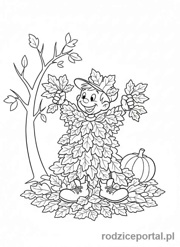 Kolorowanka Bolek I Lolek - Bolek zrobiony z liści (jesienna fantazja).