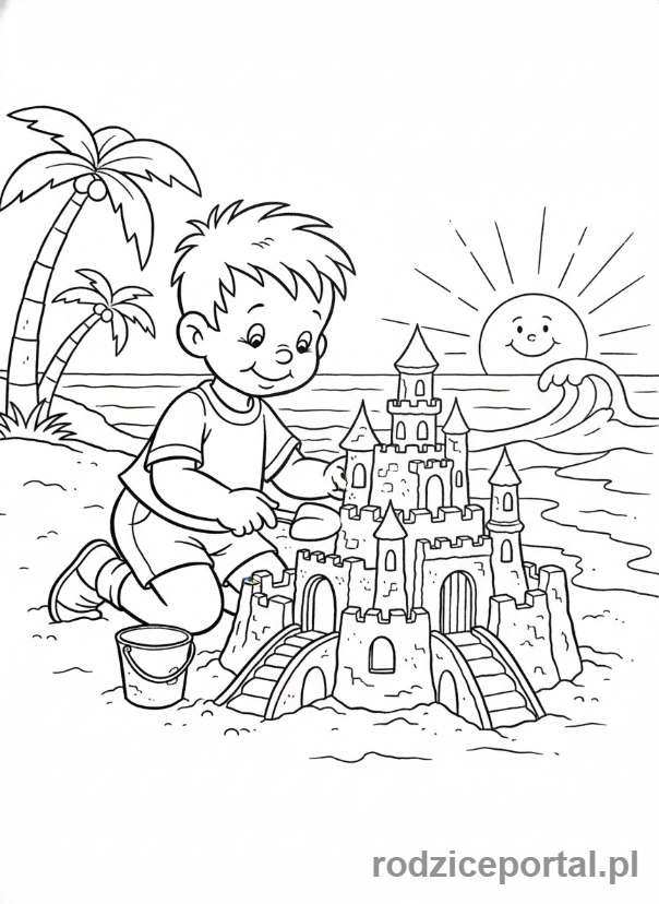 Kolorowanka Bolek I Lolek - Lolek budujący zamek z piasku na plaży