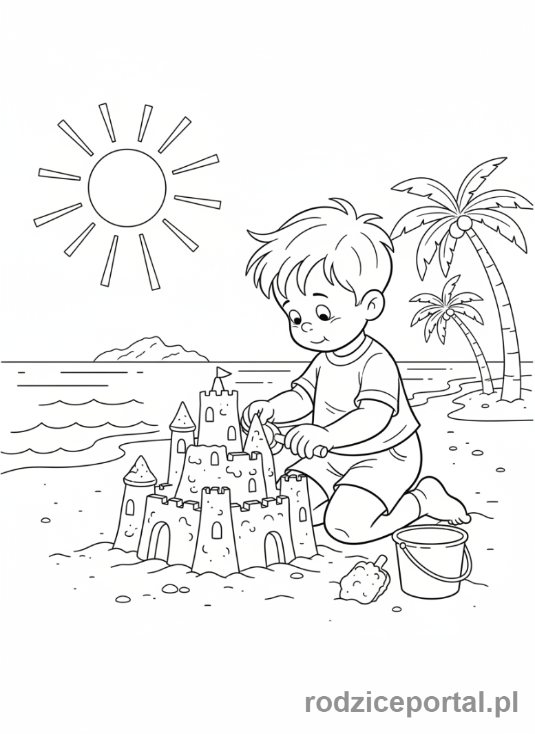 Kolorowanka Bolek I Lolek - Lolek budujący zamek z piasku na plaży.
