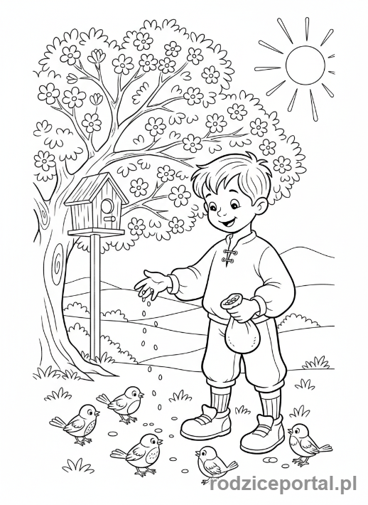 Kolorowanka Bolek I Lolek - Lolek karmiący ptaki.