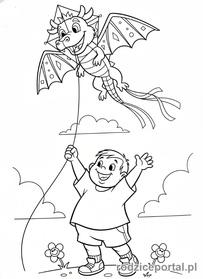 Kolorowanka Bolek I Lolek - Lolek latający na papierowym smoku