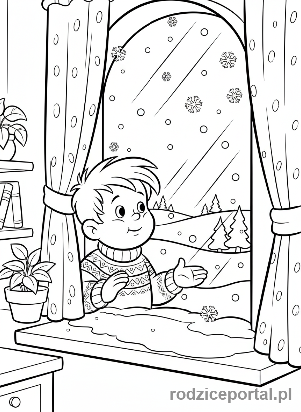 Kolorowanka Bolek I Lolek - Lolek patrzy przez okno na padający śnieg.