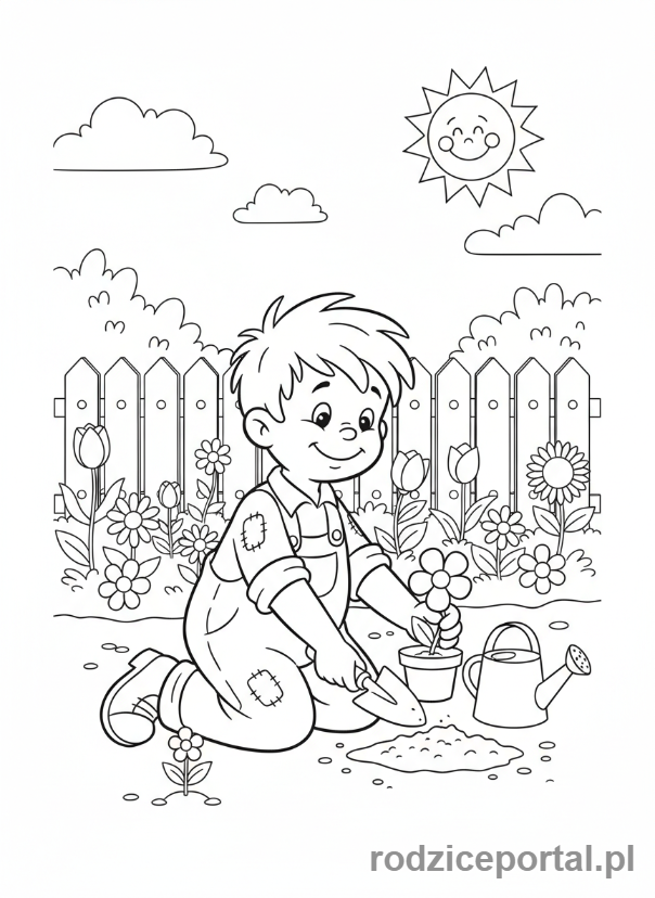 Kolorowanka Bolek I Lolek - Lolek pomagający sadzić kwiaty.