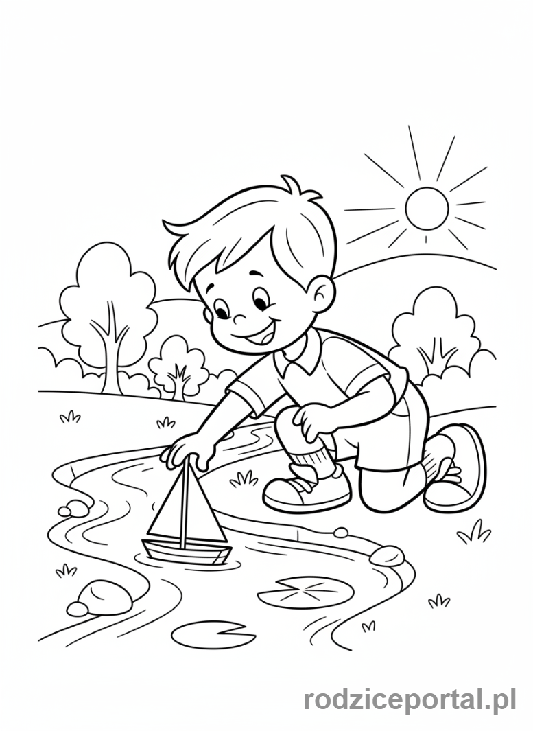 Kolorowanka Bolek I Lolek - Lolek puszczający stateczek na wodzie.