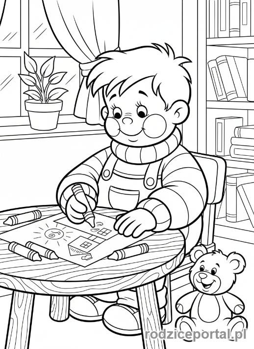 Kolorowanka Bolek I Lolek - Lolek rysujący obrazek kredkami.