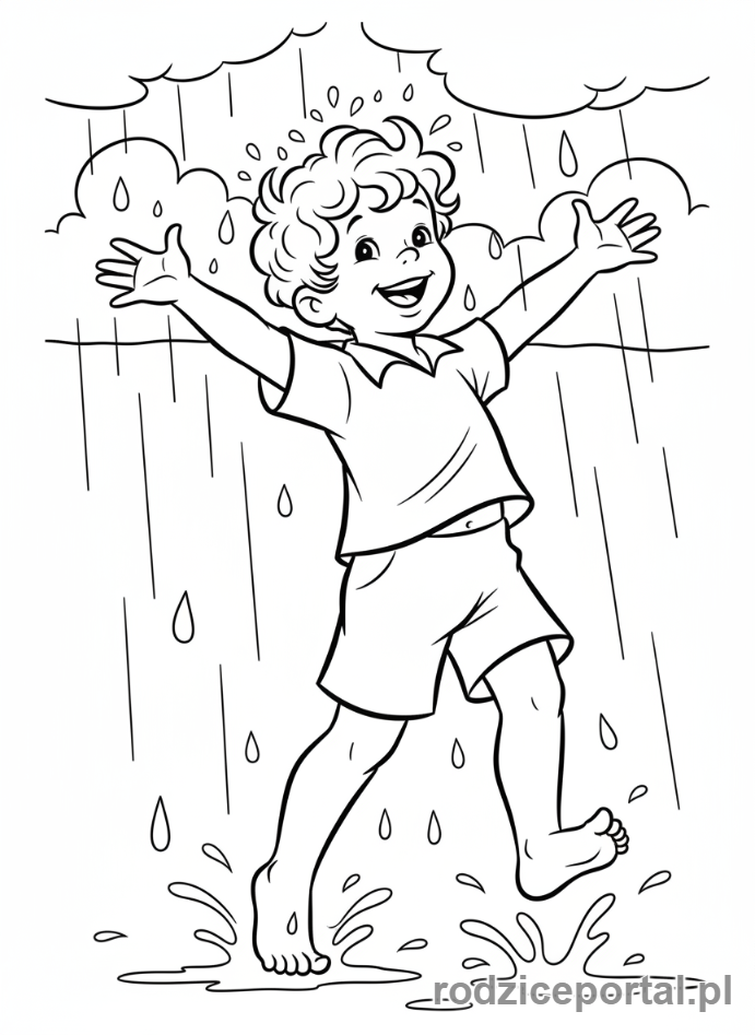 Kolorowanka Bolek I Lolek - Lolek tańczący w deszczu.