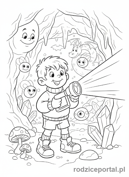 Kolorowanka Bolek I Lolek - Lolek z latarką w ciemnej jaskini.