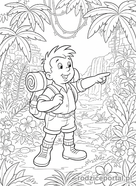 Kolorowanka Bolek I Lolek - Lolek z puszczą w tle, odkrywający coś.