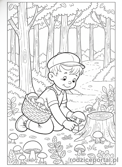 Kolorowanka Bolek I Lolek - Lolek zbierający grzyby w lesie.