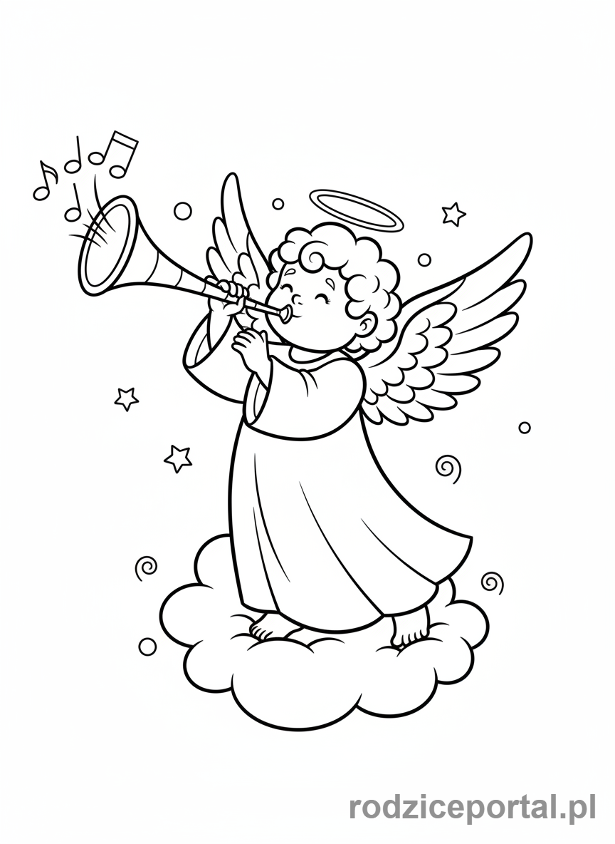 Kolorowanka Boże Narodzenie - Aniołek grający na trąbce