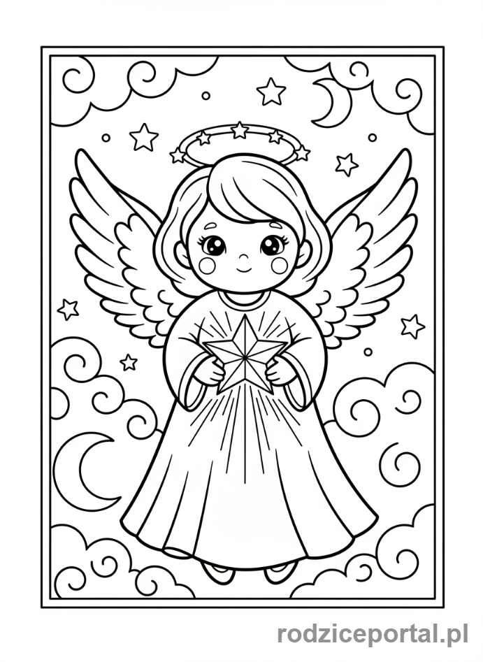 Kolorowanka Boże Narodzenie - Aniołek z gwiazdką bożonarodzeniową