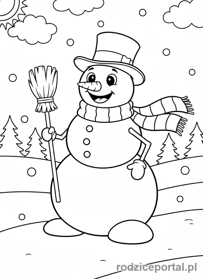 Kolorowanka Boże Narodzenie - Bałwanek z miotłą i czapką