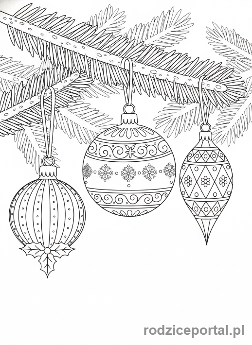 Kolorowanka Boże Narodzenie - Bombki na gałązce choinki