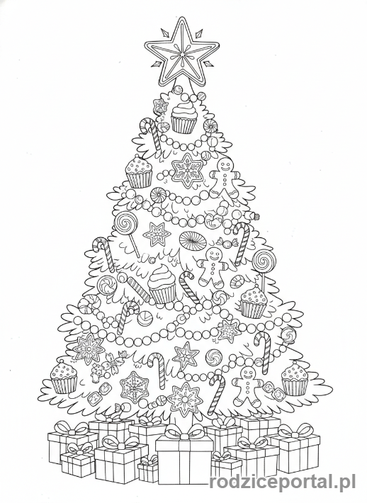 Kolorowanka Boże Narodzenie - Choinka udekorowana słodyczami
