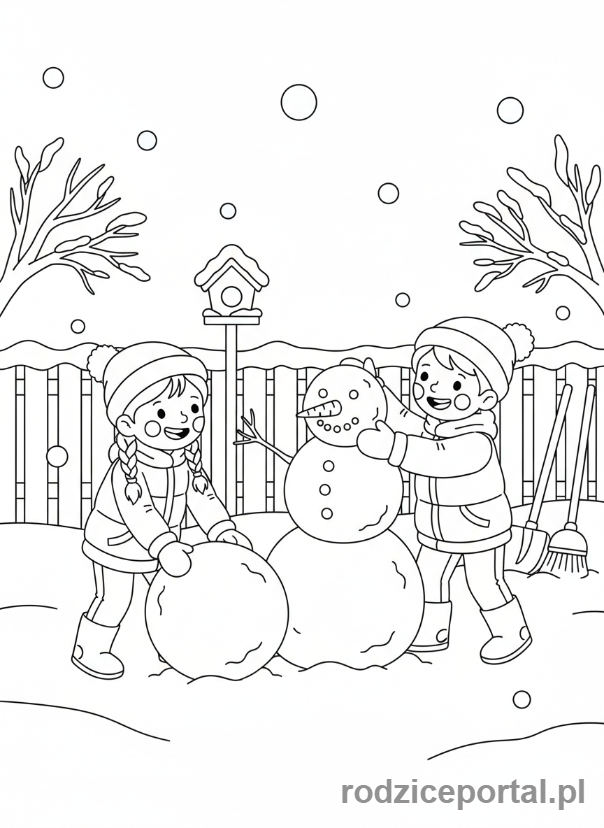Kolorowanka Boże Narodzenie - Dzieci lepiące bałwana