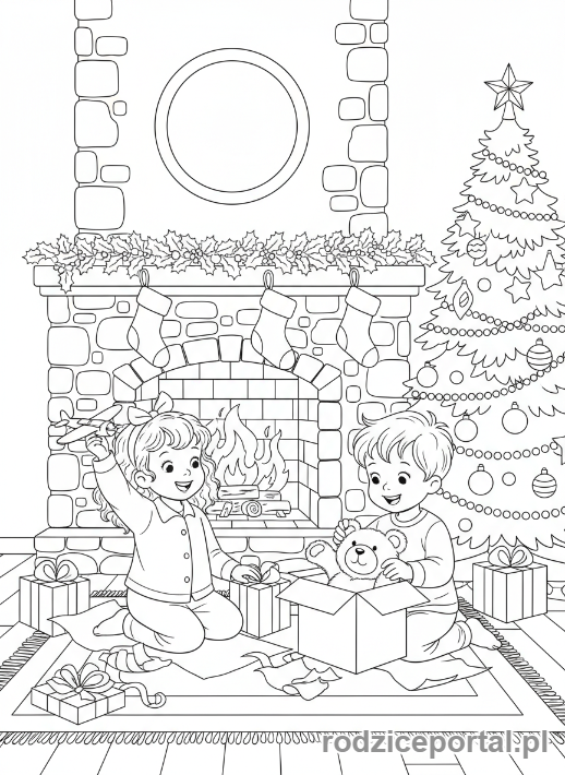 Kolorowanka Boże Narodzenie - Dzieci otwierające prezenty