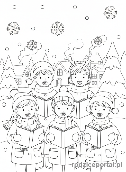 Kolorowanka Boże Narodzenie - Dzieci śpiewające kolędy