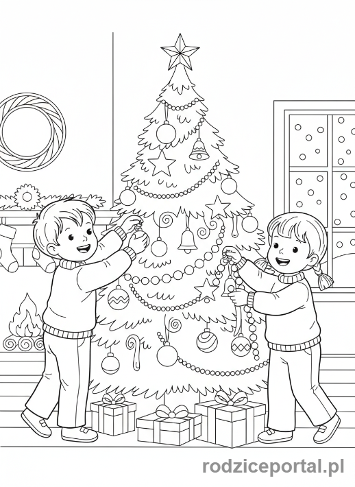 Kolorowanka Boże Narodzenie - Dzieci ubierające choinkę
