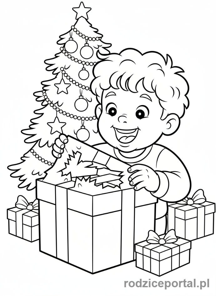 Kolorowanka Boże Narodzenie - Dziecko otwierające prezent pod choinką
