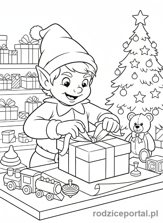 Kolorowanka Boże Narodzenie - Elf pakujący prezenty w warsztacie Mikołaja